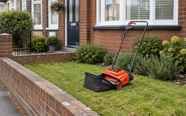 Black+Decker lawn raker, on the small front lawn of a British terraced house beside a low brick wall