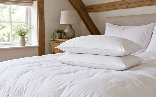 Homescapes duck feather pillows, the pair on a bed with a white duvet in a cottage bedroom with exposed beams