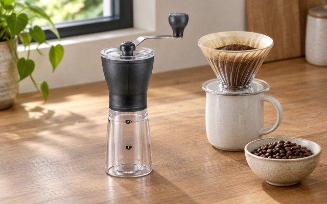 Slim hand coffee grinder on a wooden counter beside a pour-over dripper