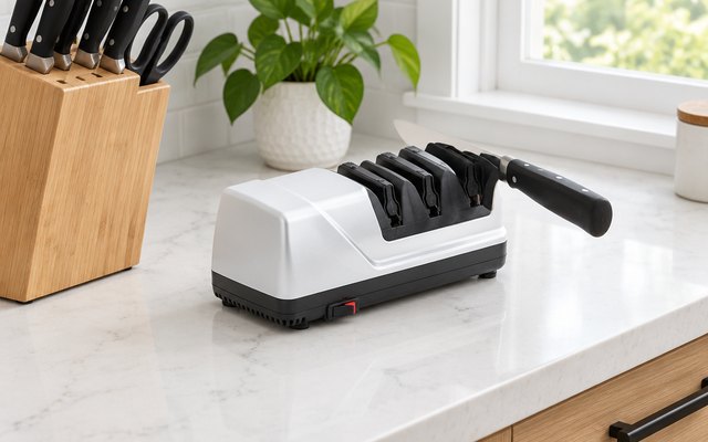 Electric knife sharpener, on a white quartz kitchen countertop beside a wooden knife block