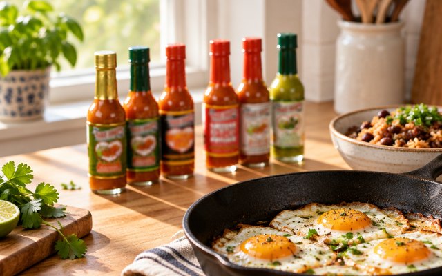 Marie Sharp's set, six bottles on a kitchen counter at breakfast