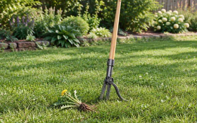 Grampa’s Weeder Original Stand-Up Weed Puller, stand-up weed puller with a wooden handle standing upright in a green lawn next to a pulled dandelion with its ro
