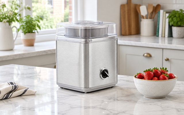 Cuisinart ice cream maker, on a marble-effect worktop in a bright British kitchen, a bowl of strawberries beside it
