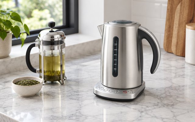 Brushed steel electric kettle on a marble counter beside a French press and a small bowl of loose green tea