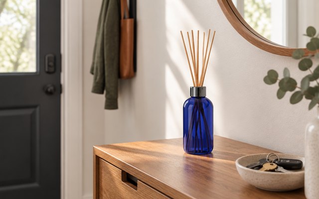 Capri Blue Volcano reed diffuser, on a wooden console table in a front entryway beside a small bowl of keys