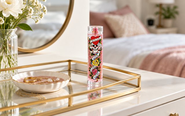 Ed Hardy Eau de Parfum, on a bright bedroom vanity tray beside a small jewelry dish