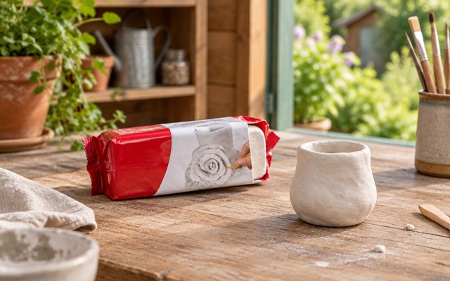 DAS white air-drying clay, on a wooden workbench in a garden studio shed