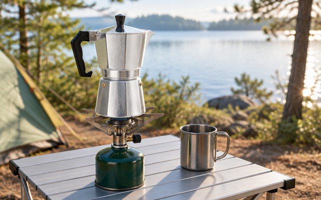 Primula Classic 6-cup, moka pot on a camping stove by a lake
