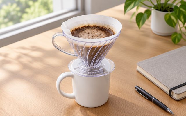 A clear plastic pour-over cone sitting on a mug on a tidy office desk