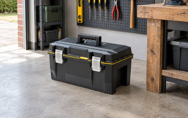Black structural foam toolbox with silver latches, on a tidy garage floor beside a workbench