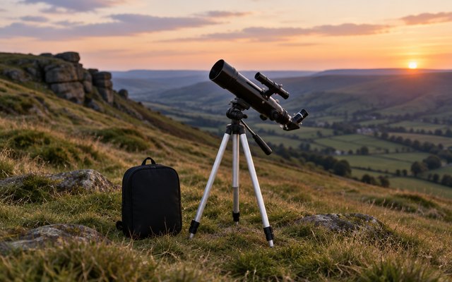 Celestron Travel Scope 70, set up on its tripod on a grassy hilltop in the Peak District at dusk, its backpack on the grass beside it