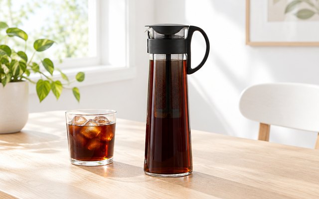 Hario Mizudashi cold brew pot, steeping on a bright dining table beside a glass over ice