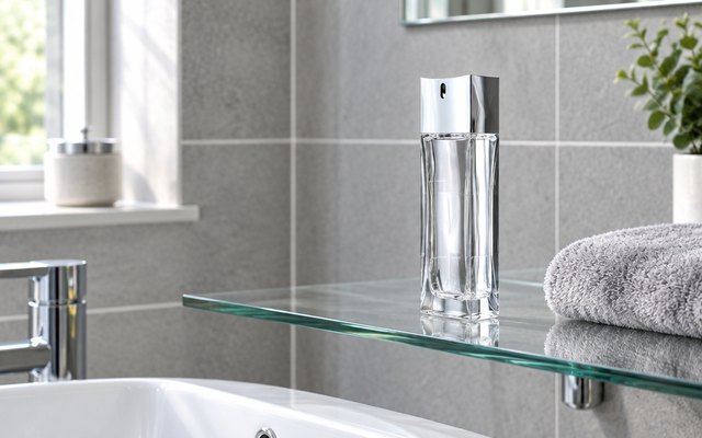 Tall clear glass aftershave bottle with a silver top on a bathroom shelf