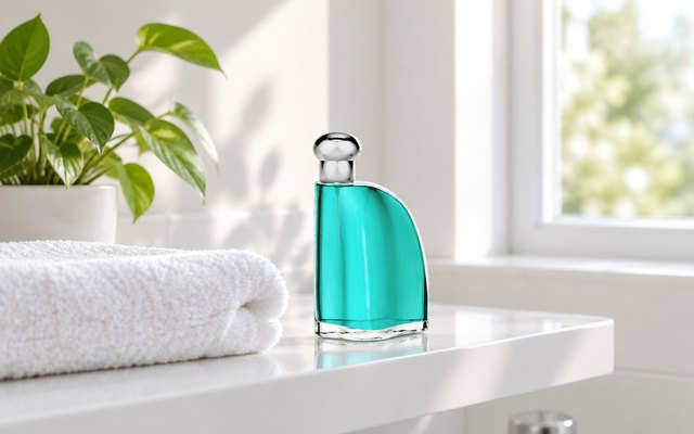 A turquoise cologne bottle on a bathroom shelf