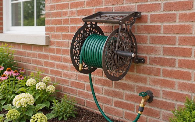 Liberty Garden 704 wall hose reel, mounted flat on the red brick wall of a house beside an outdoor spigot, a flower bed below