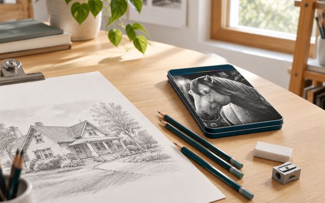 Prismacolor Premier graphite set, on a drafting table in a bright home studio beside a pencil sketch of a house
