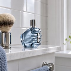 Aftershave, on a bathroom shelf beside a shaving brush in a bright bathroom