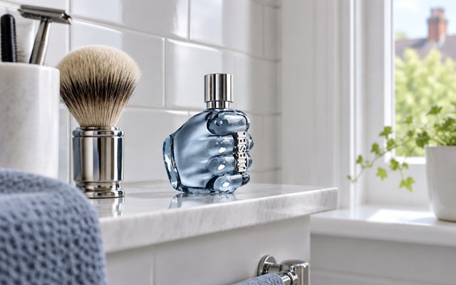 Aftershave, on a bathroom shelf beside a shaving brush in a bright bathroom