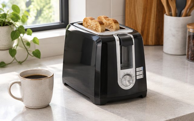 BLACK+DECKER 2-slice toaster, on a small apartment counter beside a coffee mug