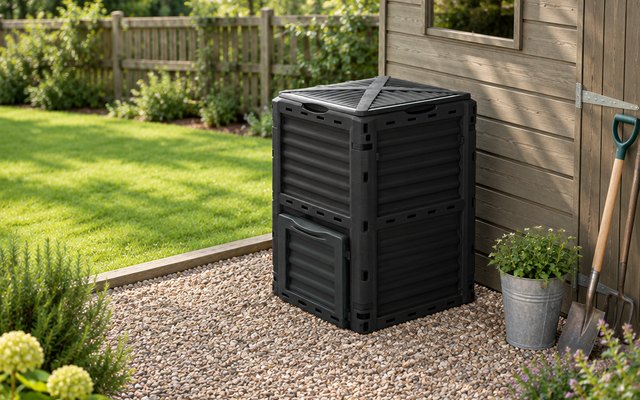 Garden composter, beside a garden shed on a gravel area, a lawn and fence in the background