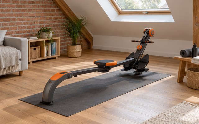 Body Sculpture rower, in a British loft room with a sloping ceiling and a skylight