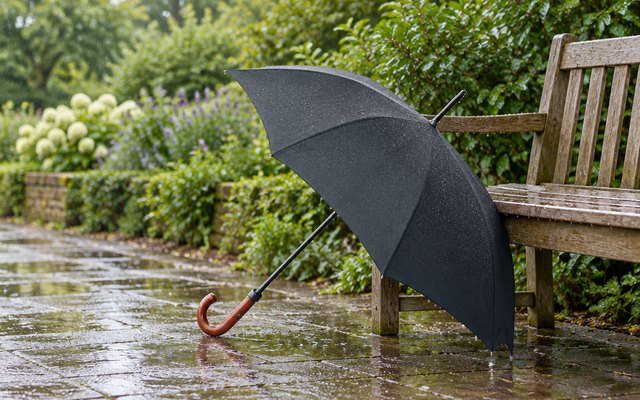 Fulton Huntsman walking umbrella, open and leaning against a wooden garden bench in light rain