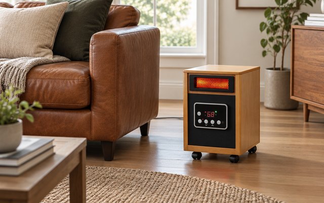 Dr Infrared DR-968 space heater, in a spacious living room beside a leather sofa
