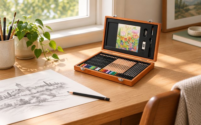 Derwent Academy wooden art box, on a wooden desk by a window, a pencil sketch beside it