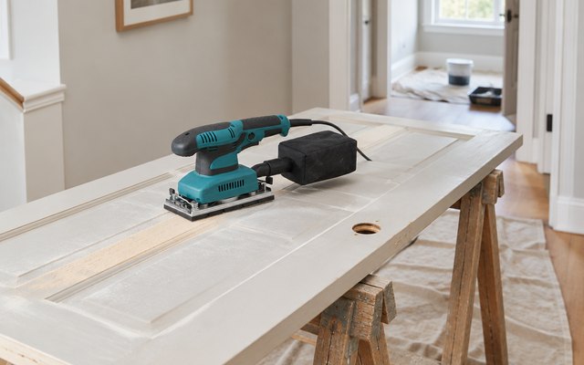 Makita BO3710 sander, on a painted wooden door laid across trestles in a hallway being redecorated