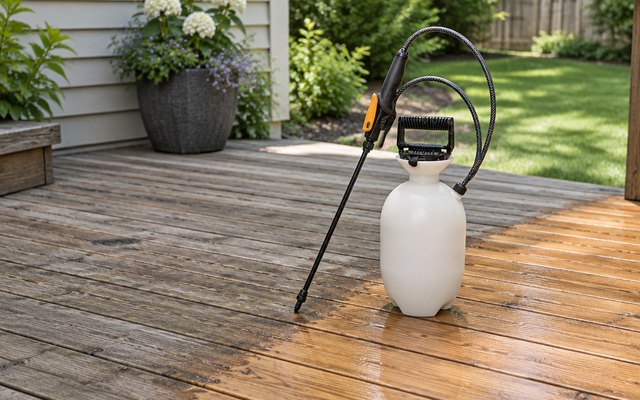 Smith bleach and chemical sprayer, on a wooden backyard deck half cleaned