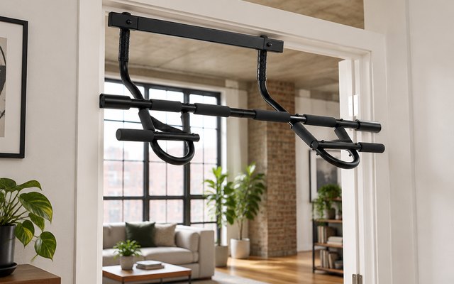 ProsourceFit Multi-Grip Doorway Pull Up Bar, fitted in a doorway of a loft apartment
