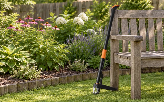 Fiskars stand-up weed puller, leaning against a garden bench beside a backyard flower bed