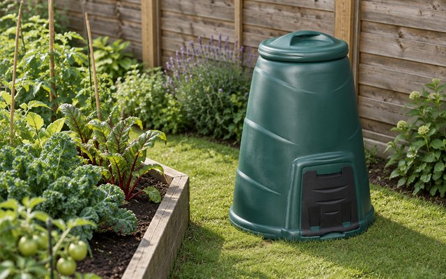 Compost converter, at the end of a British back garden on the grass beside a vegetable bed, a wooden panel fence behind