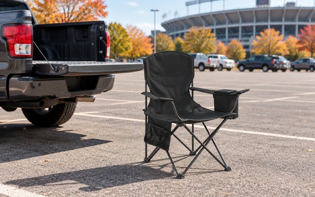 Coleman quad chair with cooler, beside the open tailgate of a pickup truck in a stadium parking lot on a sunny fall day