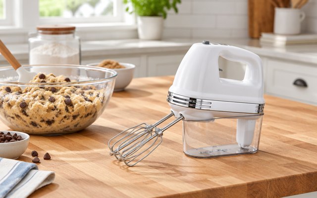 Cuisinart 9-speed hand mixer, resting on its heel on a butcher-block island beside a bowl of cookie dough
