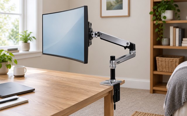 Ergotron LX monitor arm, clamped to an oak desk in a home office in a spare bedroom
