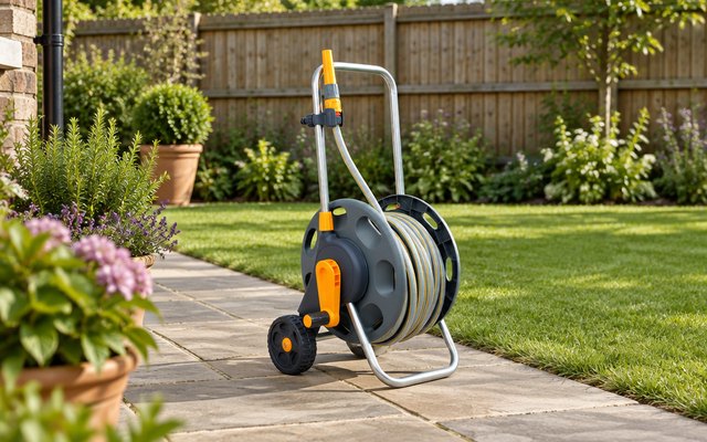 Hozelock Plus hose reel cart, on a garden patio