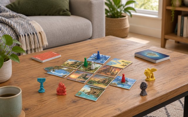 A cooperative island tile game in progress on a living room coffee table