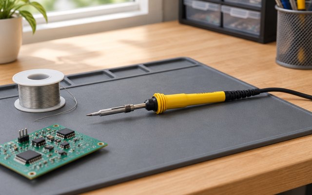 Antex XS25 soldering iron, resting on a heat-proof mat on a hobby desk beside a small circuit board and a reel of solder
