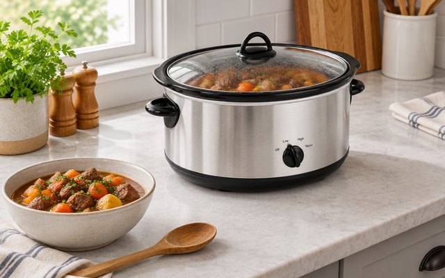 Crock-Pot 7-quart slow cooker, on the counter of a family kitchen beside a wooden spoon and a bowl of beef stew