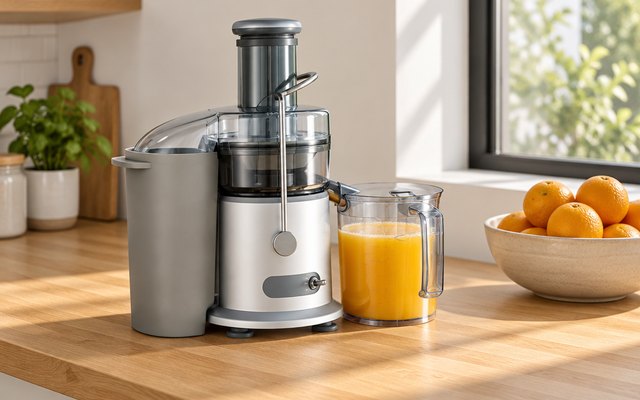 Breville Juice Fountain Plus, juicer on a wooden kitchen counter beside a pitcher of fresh orange juice and a bowl of oranges