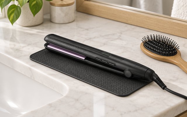 Flat iron resting on a heat mat on a bathroom vanity