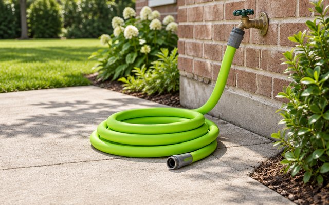 Flexible garden hose, in loose loops on a concrete driveway beside a garden spigot on a brick house