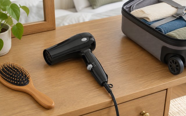 Revlon compact hair dryer, on a bedroom dresser beside a hairbrush and a small open carry-on suitcase