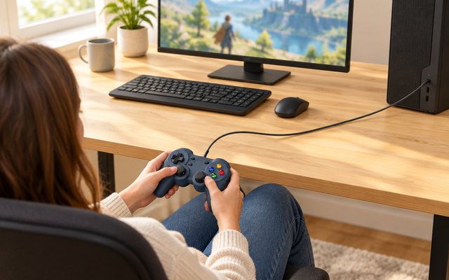 A player at a PC desk holding the Logitech F310, its cable running to the computer