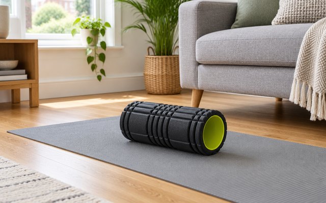 TriggerPoint GRID foam roller, on a grey exercise mat on the wooden floor of a bright living room beside a sofa