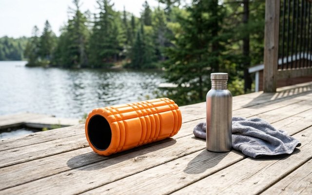 Short orange grid foam roller on a sunlit cottage deck by a lake, beside a steel water bottle and a grey towel