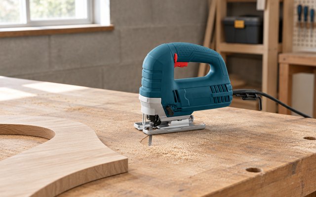 Bosch JS260 jigsaw, on a basement workbench beside a curved hardwood cutout