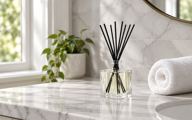 NEST New York Bamboo reed diffuser, on a white marble bathroom counter beside a rolled white towel