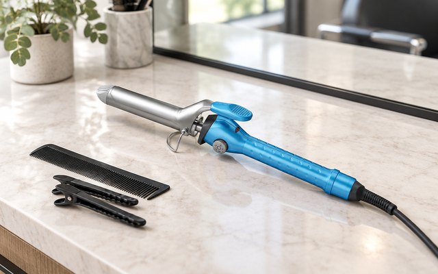 BaBylissPRO Nano Titanium Spring Curling Iron, 1 in, titanium spring curling iron on a salon-style counter by a mirror, a comb and sectioning clips beside it